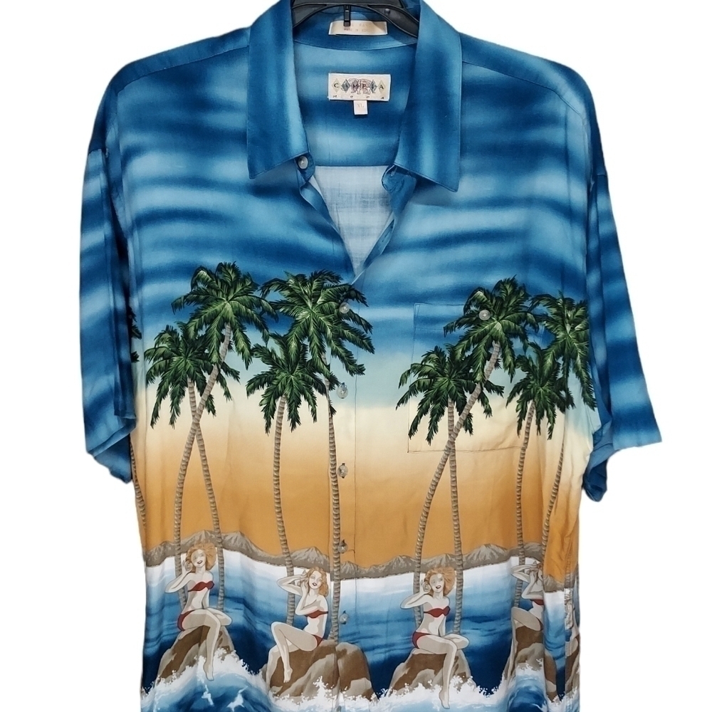Vintage Campia Moda XL Mens Hawaii Bikini Girls and Palm tree rayon shirt